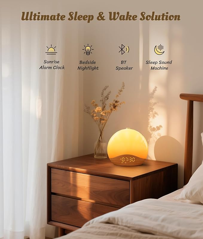 ecozy Wood Grain Sunrise Alarm Clock, Music-Sync Lights, Upgraded Backlit - Image 2
