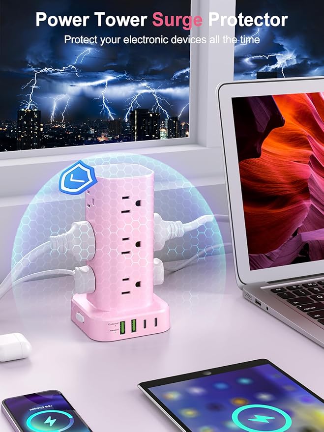 Power Strip Tower with Multiple Outlets, Flat Plug Surge Protector Tower - Image 5