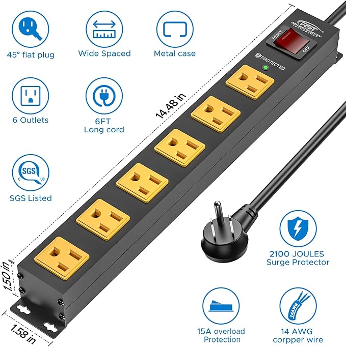 CRST 6 Outlet Surge Protector Power Strip 2100J - Image 2