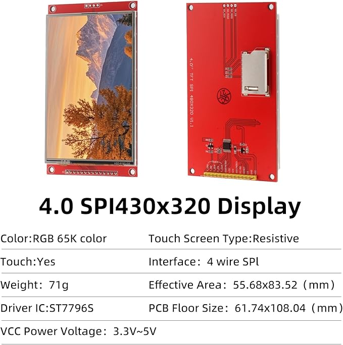 MELIFE 4.0" TFT Touch Screen, 480x320 LCD Display Module SPI ST7796S Driver - Image 2