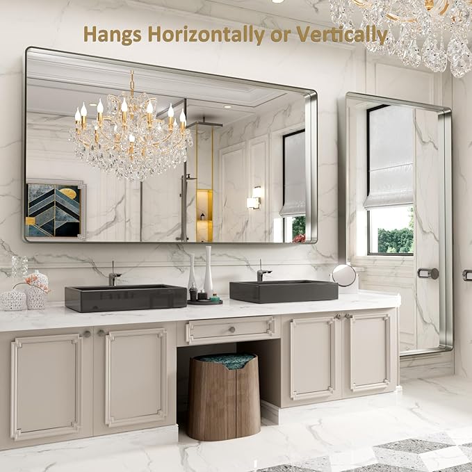 LOAAO 84X32 Inch Brushed Nickel Bathroom Mirror, Rounded Rectangle Silver Metal - Image 4