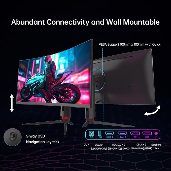 KTC 34'' Curved Ultrawide Gaming Monitor, 3440x1440p 165Hz 1ms, 1500R Curved - Image 6