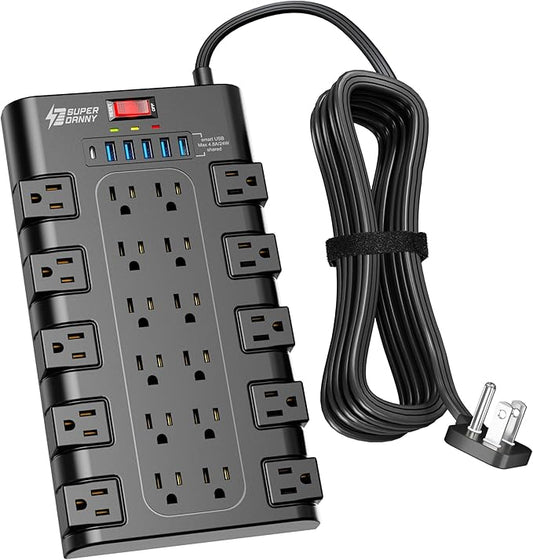 Flat Plug Power Strip 10Ft, SUPERDANNY Surge Protector by SUPERDANNY