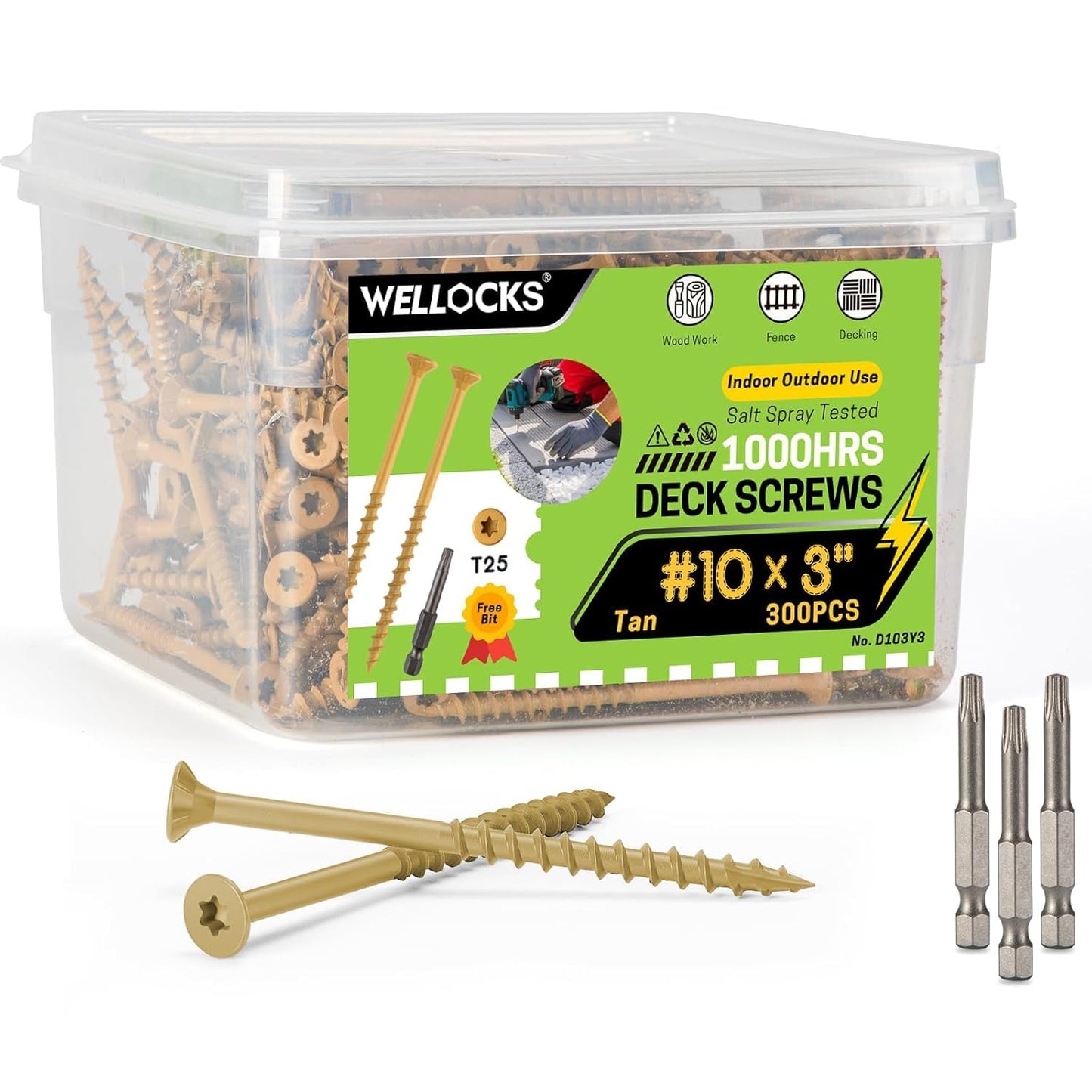WELLOCKS #10 x 3 in Deck Screws, Tan 300 PCS with T25 Bits | 1000+ Hour Salt Spray Coating, T25 Star Drive Wood Screws for Outdoor Fences, Decks, and Treated Lumber.