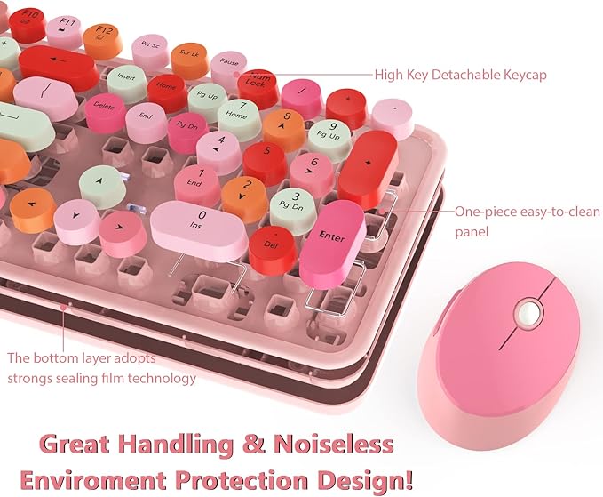 KOOTOP Cute Pink Wireless Keyboard and Mouse, 2.4G Retro Round Keycap - Image 5
