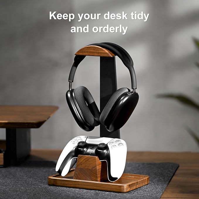 UPERGO Headset Stand with Gaming Controller Holder, Walnut Wood Headphone Stand - Image 3