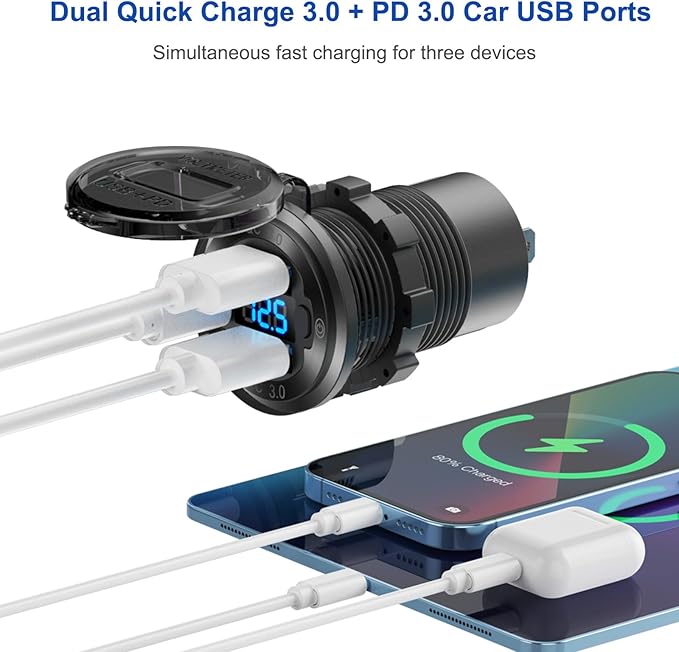 12V USB Outlet Marine Switch Panel Plug, PD3.0 and Dual QC3.0 USB Ports - Image 2
