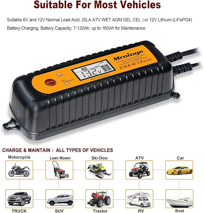 Car Battery Charger, Mroinge 5A 6V/12V Fully Automatic Smart Charger, Battery - Image 4