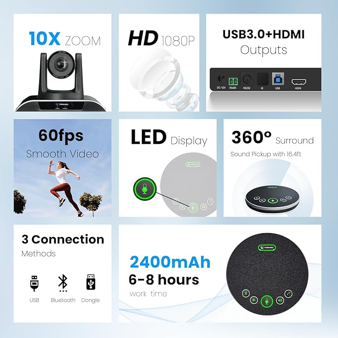 TONGVEO 10x Zoom Conference Room Video Camera System, All-in-One HD 1080P 60fps - Image 3