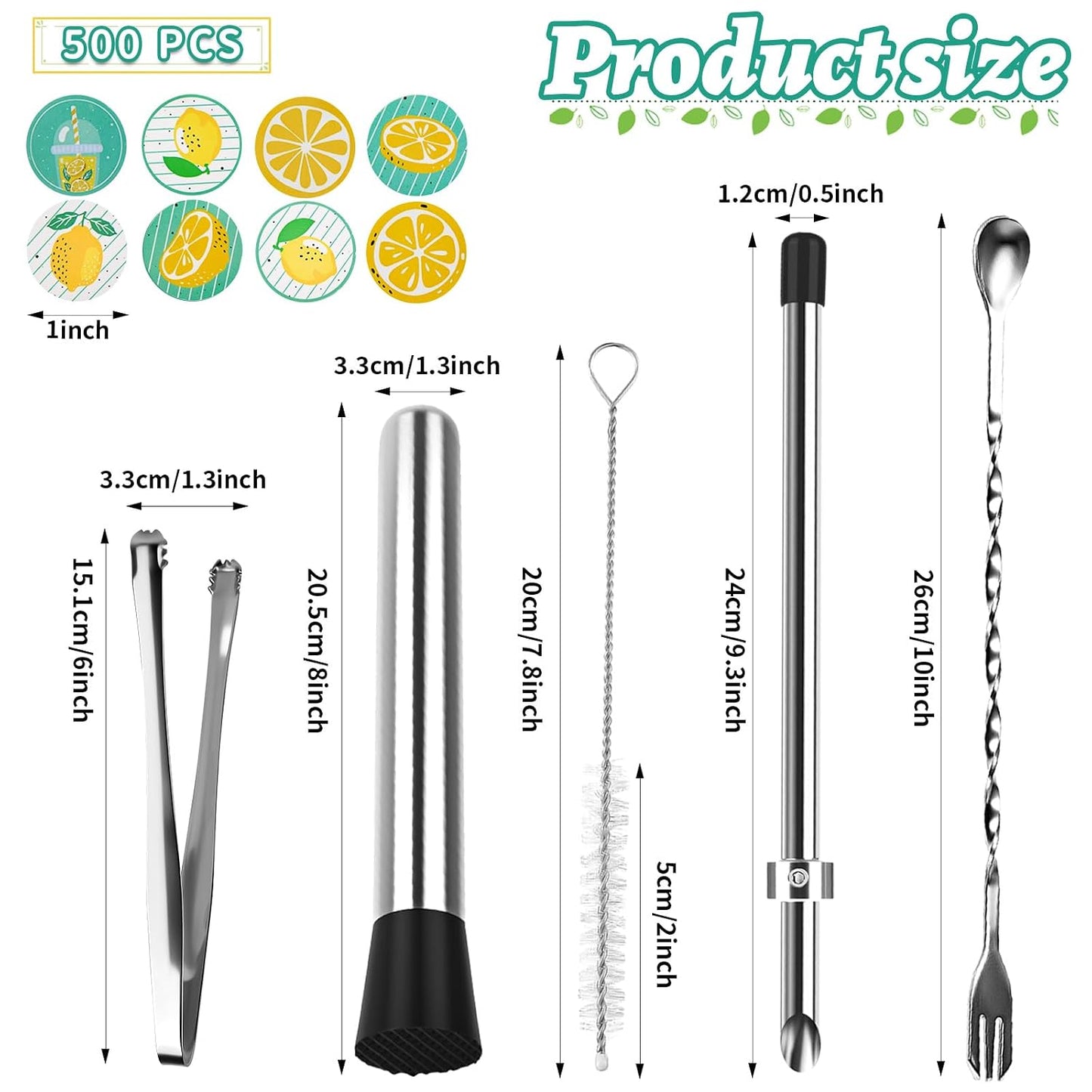 8-in-1 Lemonade Stand Tool Kit:2X 316 Stainless Steel Straw Hole Punchers for Plastic Lids,Straw Puncher Set and 1 Muddler for Lemonade,Mixing Spoon,2 Brushes,Tongs & 500Pcs Lemon Stickers for Cups