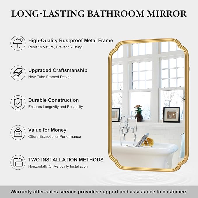 Gold Bathroom Mirror for Wall 20" x 30" Modern Rounded Corner Rectangle Mirror - Image 6