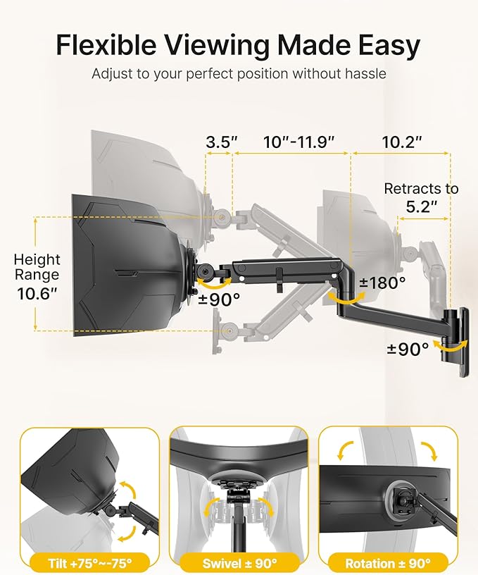 monTEK Monitor Wall Mount for 17-57“ up to 59.4 lbs Ultrawide Screens, Single - Image 4