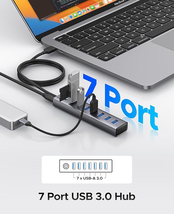 ORICO 7-Port USB 3.0 Hub, Aluminum USB Multiple Adapter, 5Gbps USB Extender USB - Image 2
