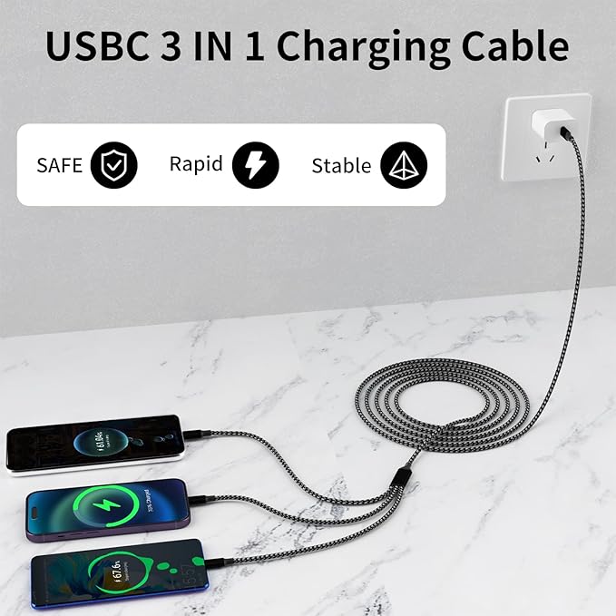 IDISON USB C Multi Charging Cable, 3 in 1 Charging Cable Nylon Braided USB-C - Image 2