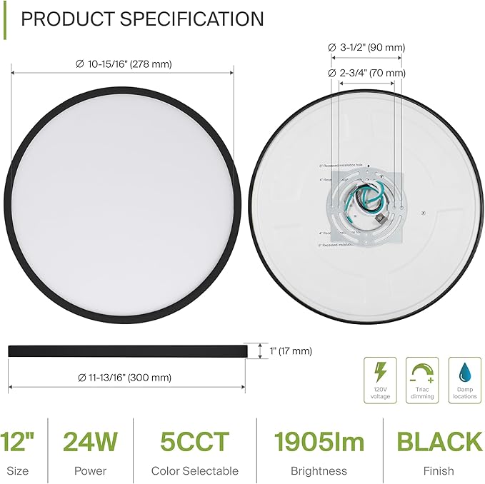 ASD LED 12" Round Flush Mount Ceiling Light Fixture, Low Profile Surface - Image 2