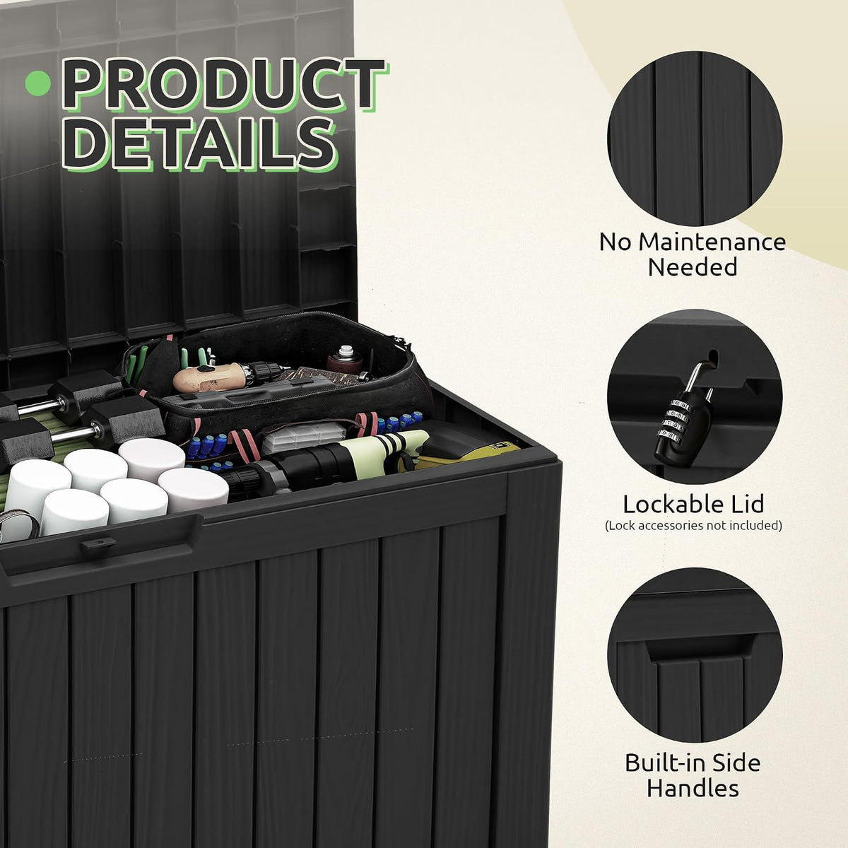 dwvo 270l outdoor resin deck box with wheels, side view