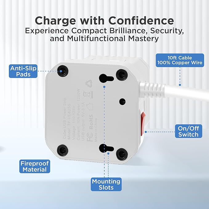 Uncaged Ergonomics Cube Power Strips w/Surge Protection, 10ft Extension Cord - Image 3