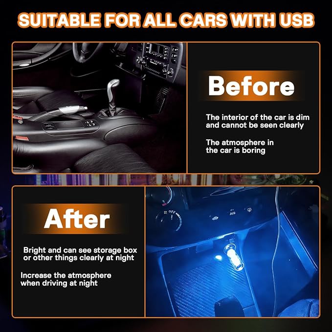 2PCS USB Car LED Interior Lights, Mini Ambient Lighting Accessories, Touch - Image 5