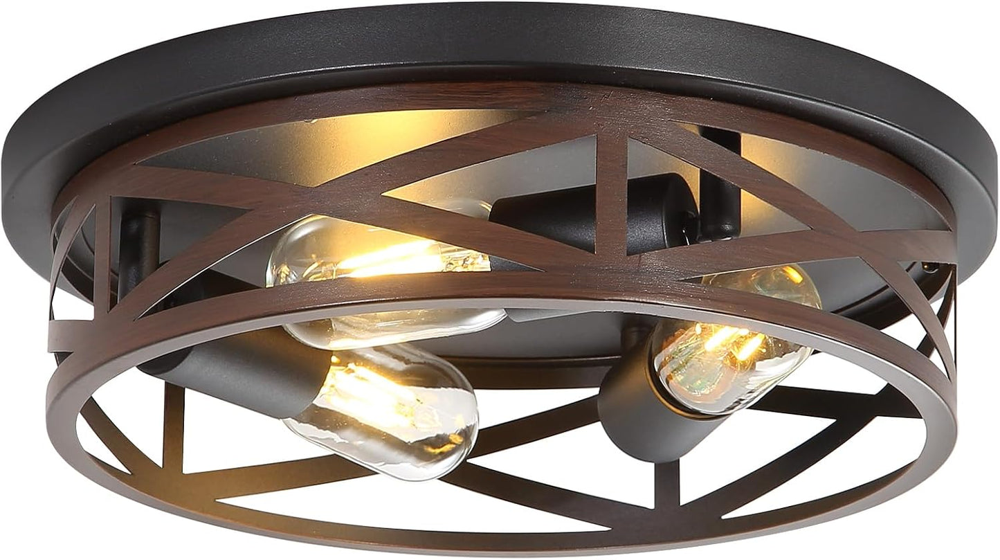 13 Inch Farmhouse Close to Ceiling Lights, Wood Finish Metal Cage Flush Mount Ceiling Light 3-Lights, Black Industrial Semi Flush Mount Ceiling Light for House Hallway Kitchen Bedroom
