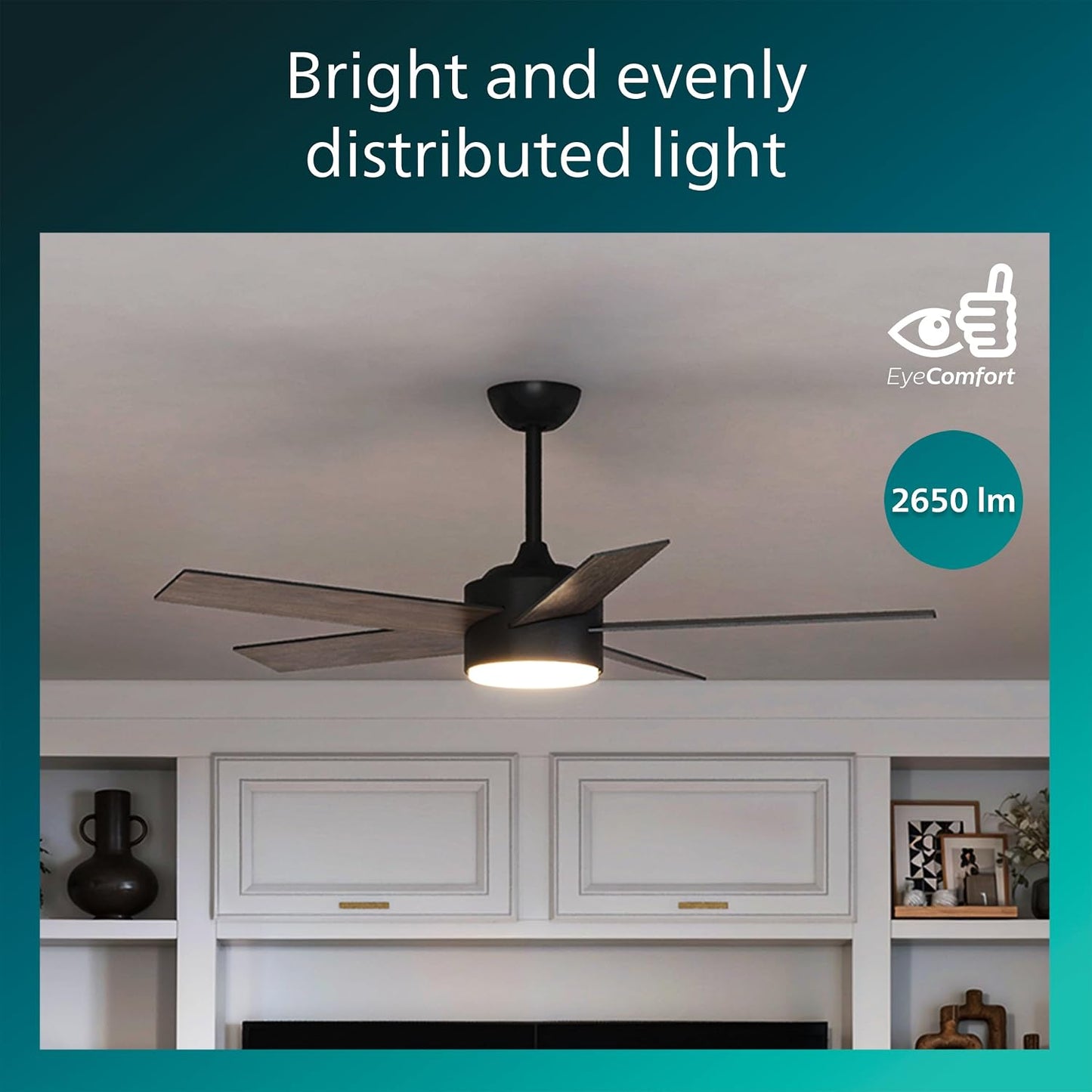 PHILIPS Indoor Ceiling Fan, Dark, with Bright LED Light, 2650 lm, 5 Blades, 5400 CFM, 6 Speeds, 2 Airflow Modes, Selectable White Light, Dimmable, Reversible Blades