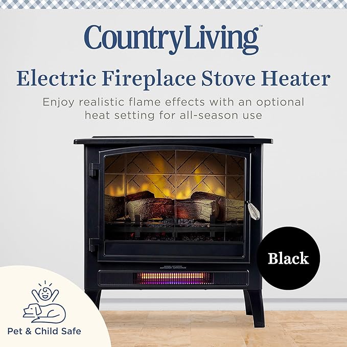 Country Living Infrared Freestanding Electric Fireplace Stove Heater in Black | - Image 2