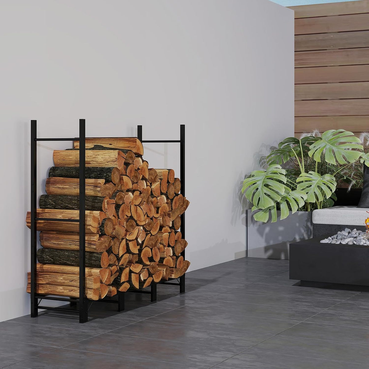 c-hopetree 4ft outdoor indoor firewood rack, adjustable metal showing dimensions