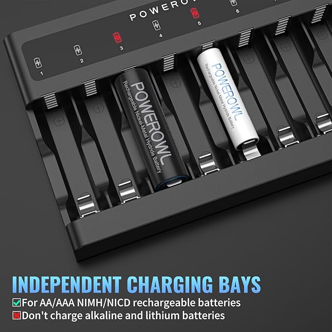 POWEROWL AA AAA Battery Charger 8 Bay, Independent Slot, USB Fast Charging - Image 2