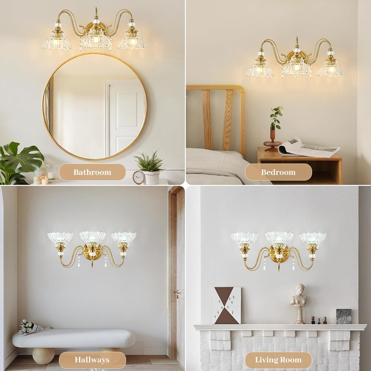Vintage Bathroom Vanity Light, 3-Light Brushed Gold Finish Wall Sconce with Hanging Crystal Accents and Flower-Shaped Clear Glass Shades, Retro Wall Mount Vanity Light Over Mirror for Bathroom