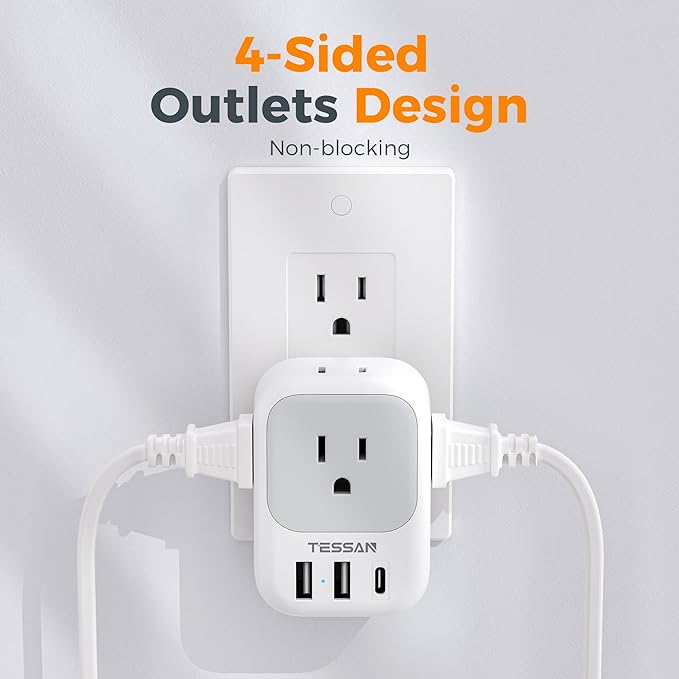 USB Wall Charger, Wall Plug Adapter Outlet Extender, TESSAN 3 Charger Block - Image 4