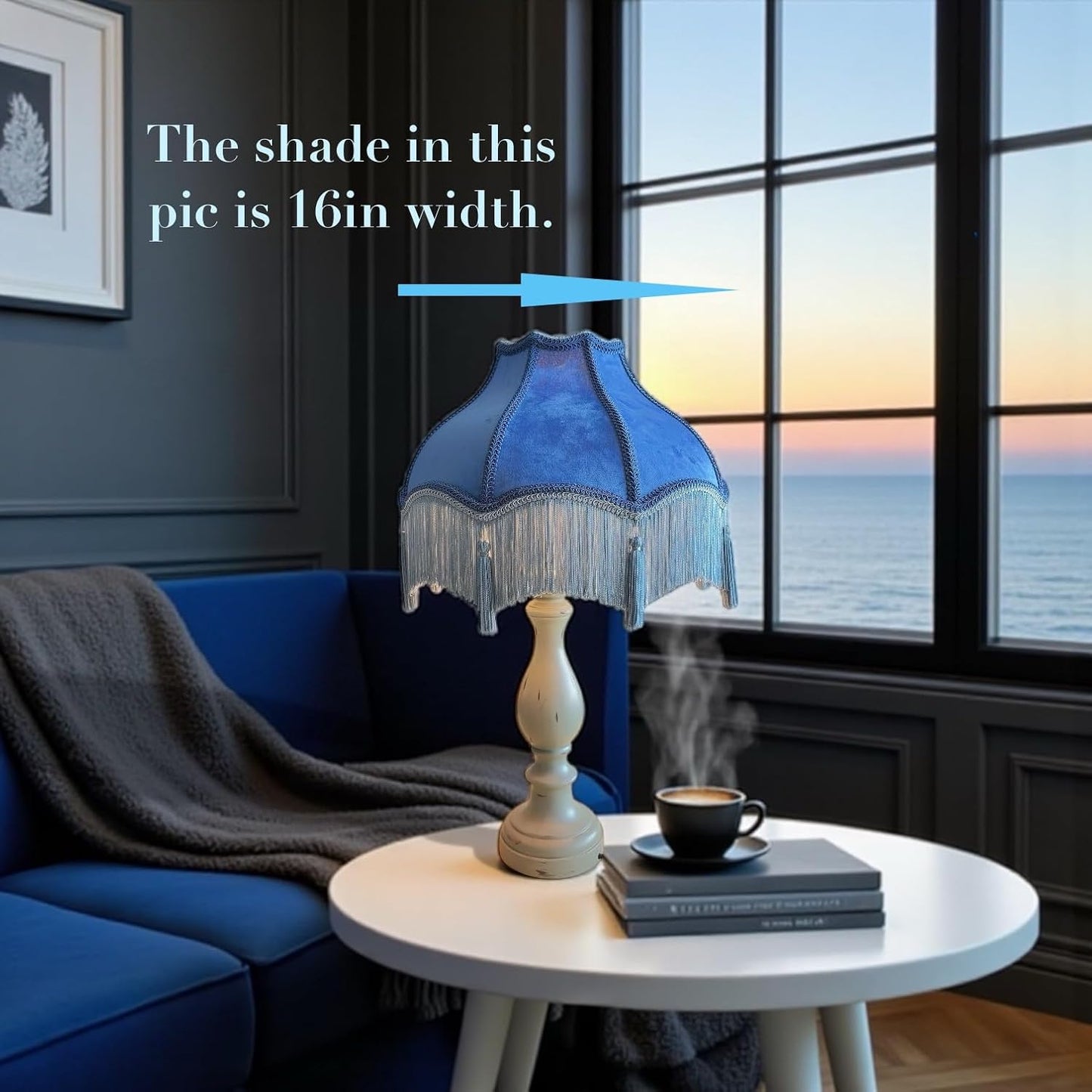 Tristan Home Premium Classic Victorian Style Bell Shape Scallop Large Velvet Lamp Shade with Tassels and Fringe, 14inch Width 11inch Height, (Ocean Blue), Medium
