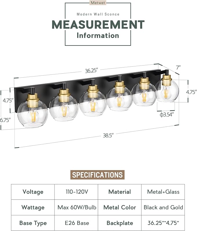 METWET Bathroom Light Fixtures, 6-Light Black and Gold Bathroom Vanity Light - Image 3