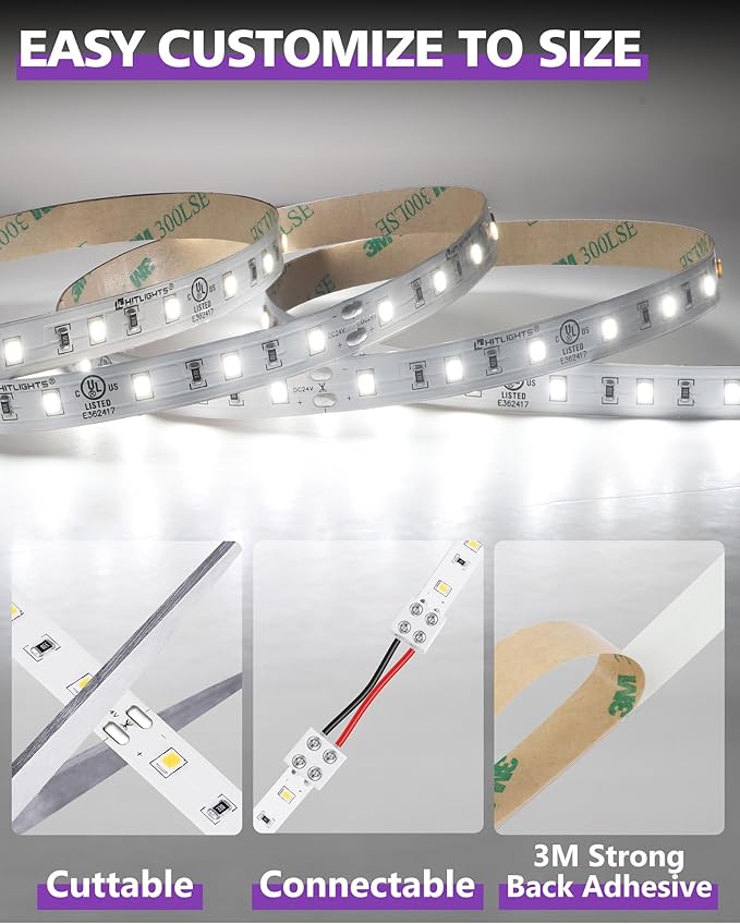 HitLights White LED Strip Lights 5000K 24V, 26.2ft Cuttable Tape Backed 3oz PCB - Image 5