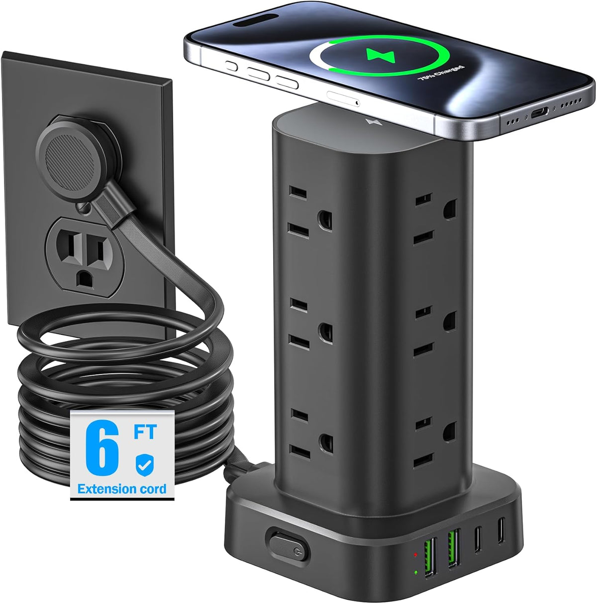 Tower Power Strip with 15W Wireless Charger, 6FT Flat Plug Extension Cord with