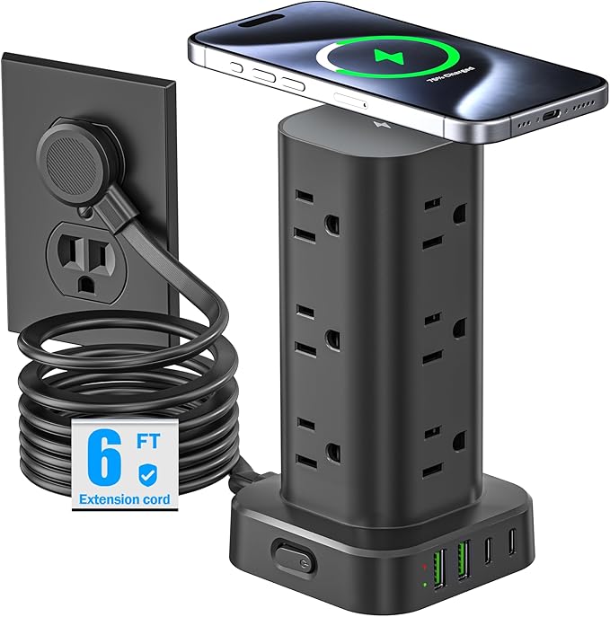 Tower Power Strip with 15W Wireless Charger, 6FT Flat Plug Extension Cord with by Unknown