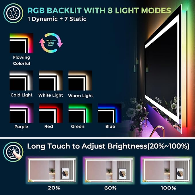 YEELAIT 66x36 Inch RGB LED Bathroom Mirror Front Light and RGB Backlit Lighted - Image 3