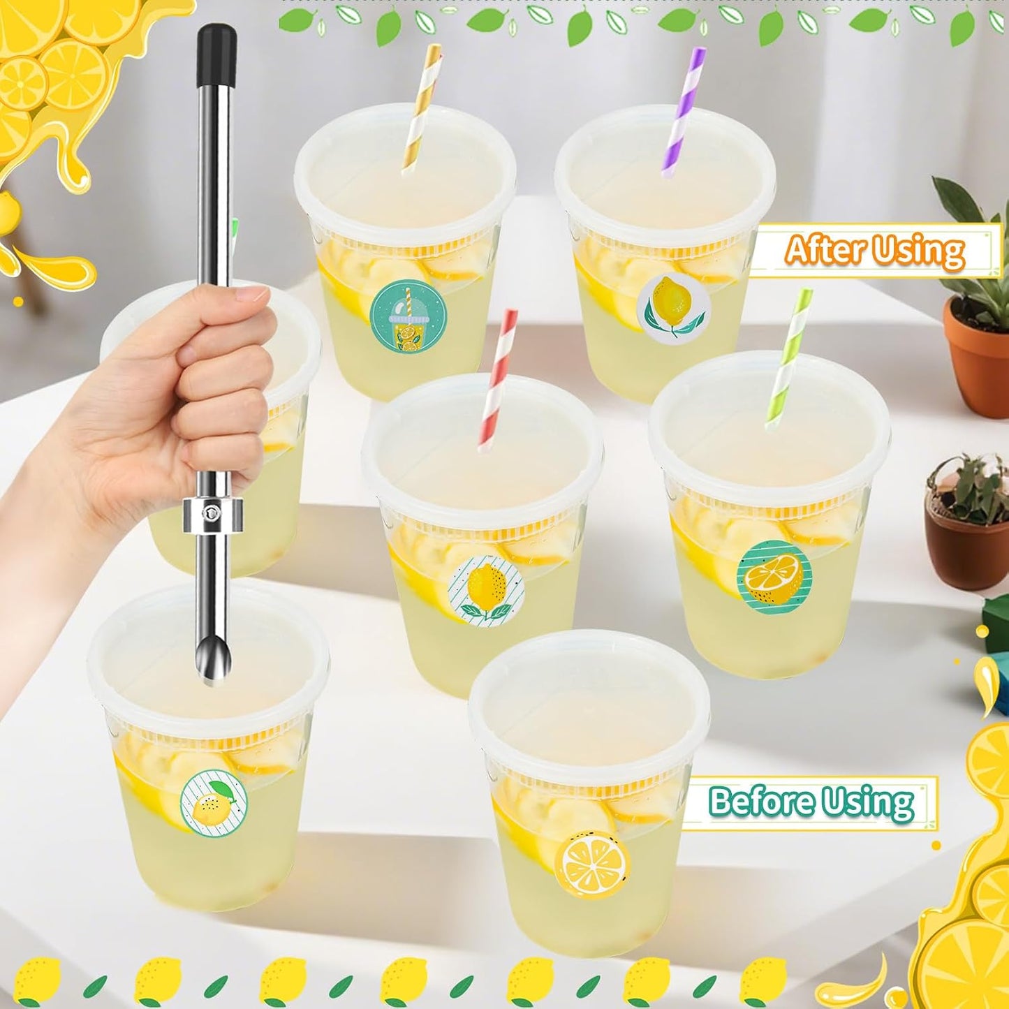 8-in-1 Lemonade Stand Tool Kit:2X 316 Stainless Steel Straw Hole Punchers for Plastic Lids,Straw Puncher Set and 1 Muddler for Lemonade,Mixing Spoon,2 Brushes,Tongs & 500Pcs Lemon Stickers for Cups
