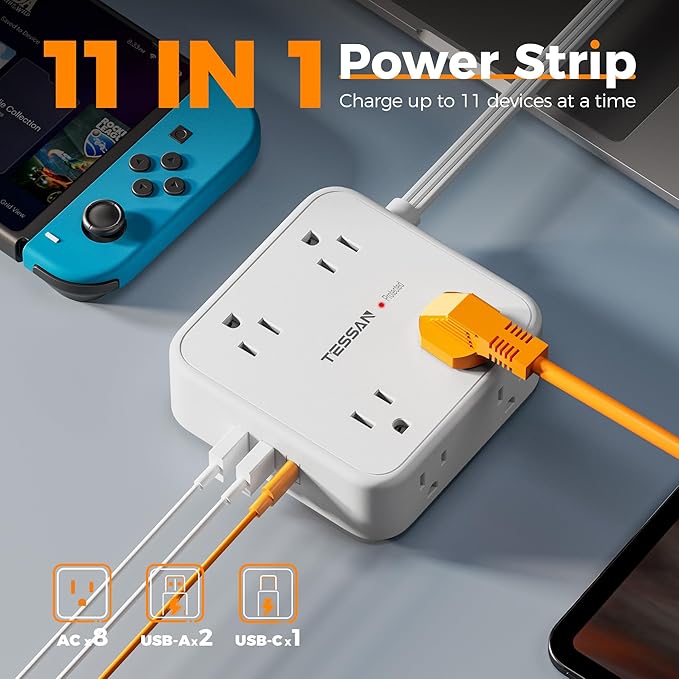 Surge Protector Power Strip, TESSAN 15 FT White Extension Cord Flat Plug - Image 3