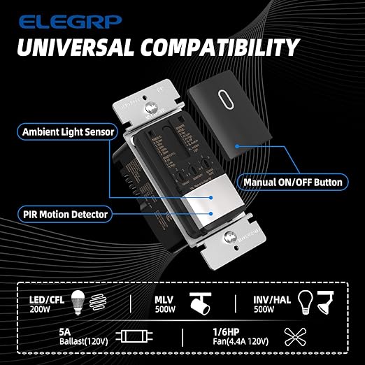 ELEGRP Matte Black Single Pole Occupancy Motion Sensor Light Switch, Need - Image 2