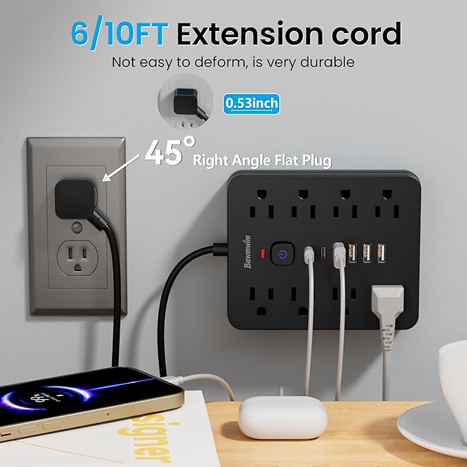 Bawmwim Surge Protector Power Strip, 8 Outlets, 6 USB Charging Ports, 6FT Flat - Image 5