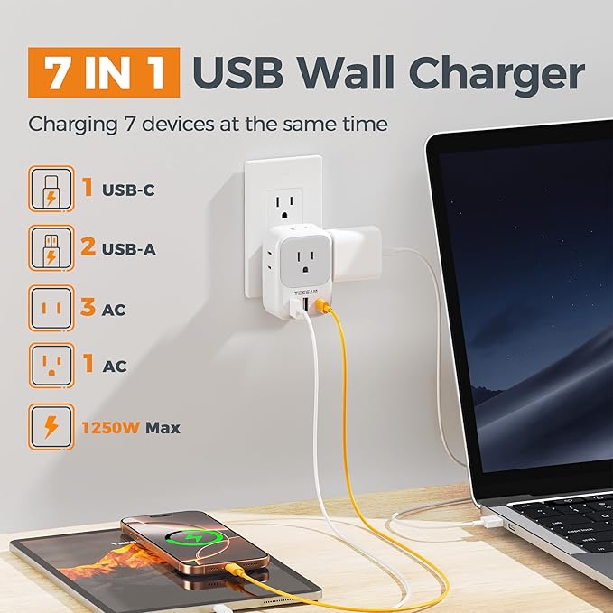USB Wall Charger, Wall Plug Adapter Outlet Extender, TESSAN 3 Charger Block - Image 2