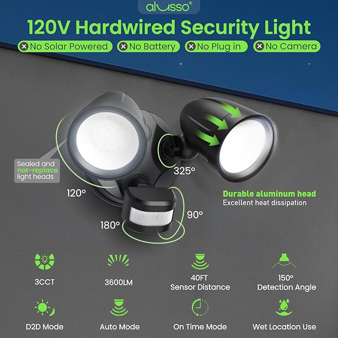 ALUSSO Motion Sensor Outdoor Lights Metal Heads, 30W Flood Lights Outdoor 3600LM - Image 3