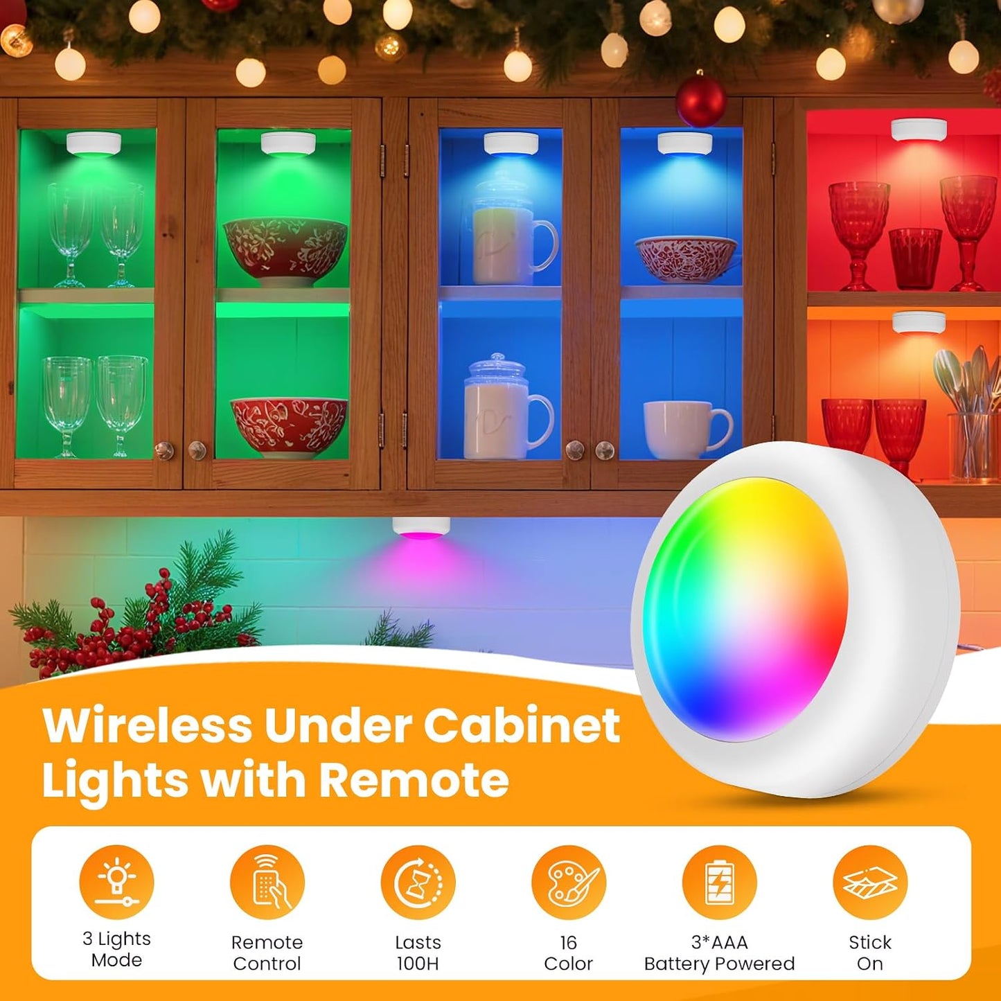 LED Puck Lights with Remote Control, 16 Color Changing Under Cabinet Lighting with Dimmer & Timer, AAA Battery Operated,Under for Closet Bedroom Kitchen, Stair (3 Pack White)