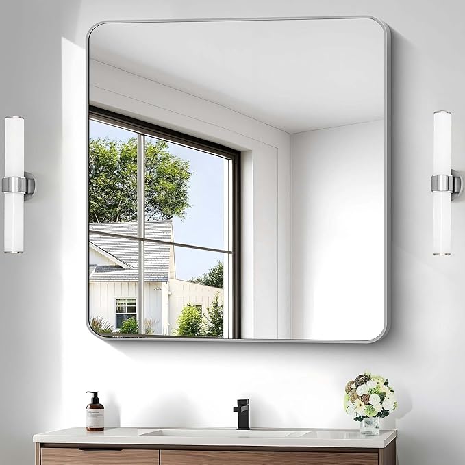 Silver Bathroom Mirror, 42 x 42 Inch Silver Square Mirror, Metal Framed by WelcometoCIVENO
