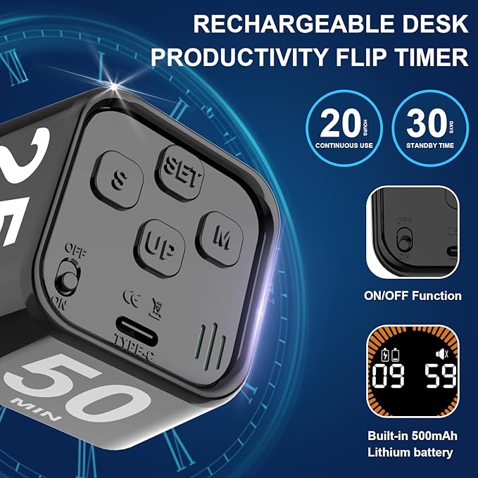 Rotating Visual Pomodoro Timer 5, 50 Min Custom Countdown, Rechargeable Cube - Image 5