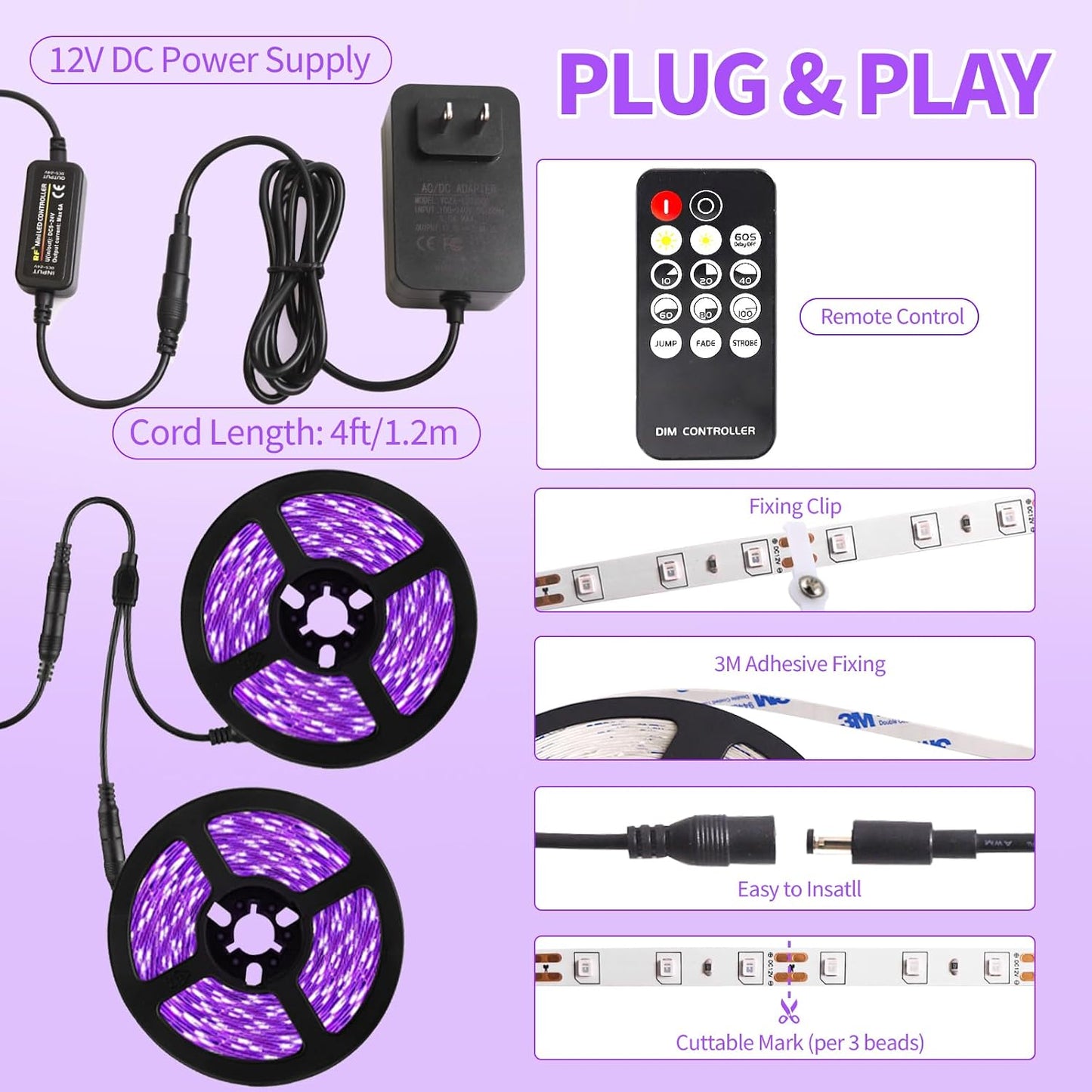 66 Foot Black Light Strip & Remote, 1200LEDs, Dimmable, 3 Lighting Modes | 12V Flexible Black Lights for Halloween, Glow Neon Party, Bedroom, Classroom, Fluorescent Decor Tapestry Poster, Indoor