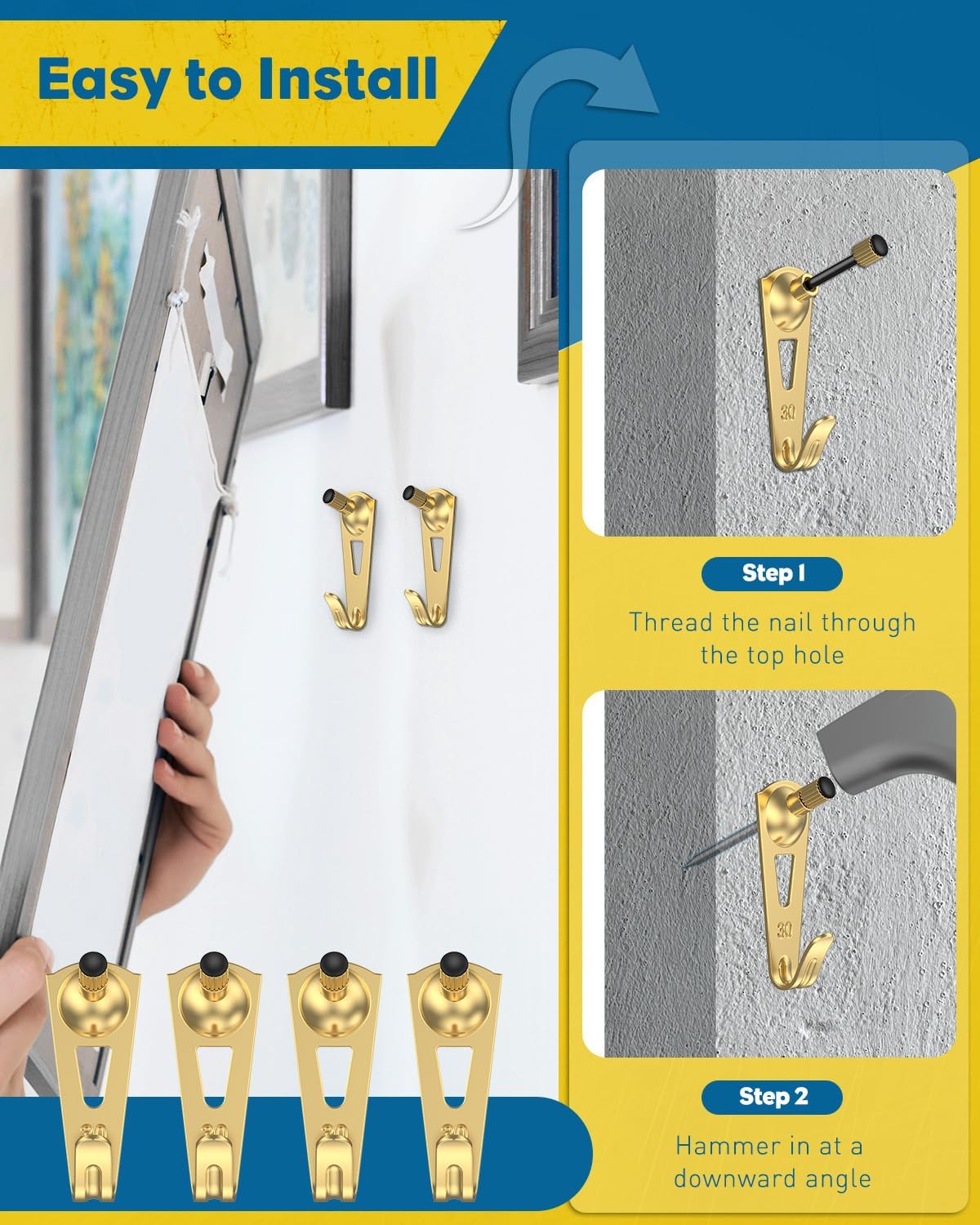 Uniclife 25 Pcs 30 lb Heavy Duty Picture Hangers for Drywall & Wood, Picture Hanging Hooks with Nails, Picture Hanging Hardware, Frame Hooks Picture Hooks for Hanging Photos Mirrors Paintings