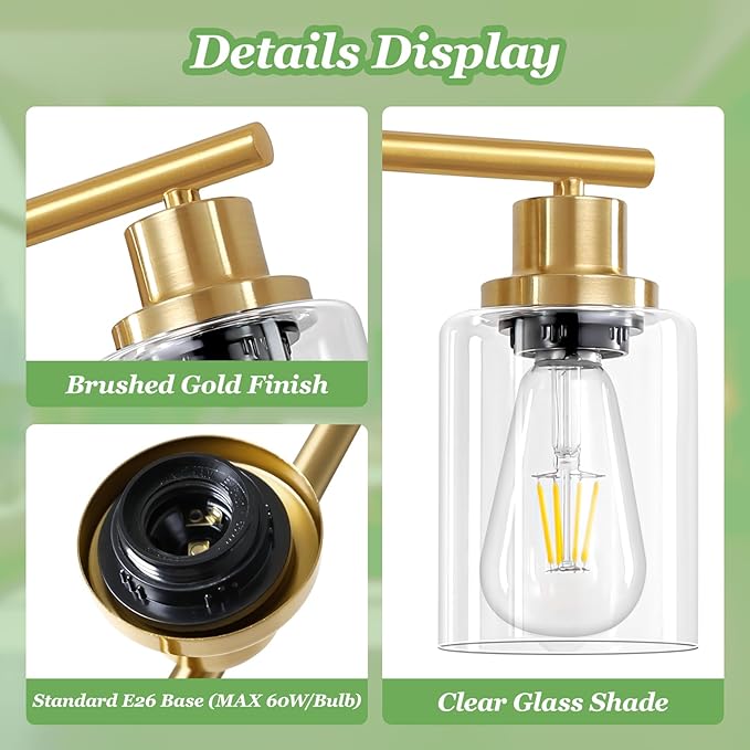 Guliaofo 3-Light Brushed Gold Vanity Lights, E26 Modern Bathroom Light Fixtures - Image 3