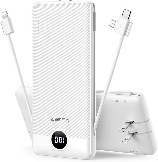 VEGER Portable Charger for iPhone Built in Cables and Wall Plug, 10000mah Slim by VEGER