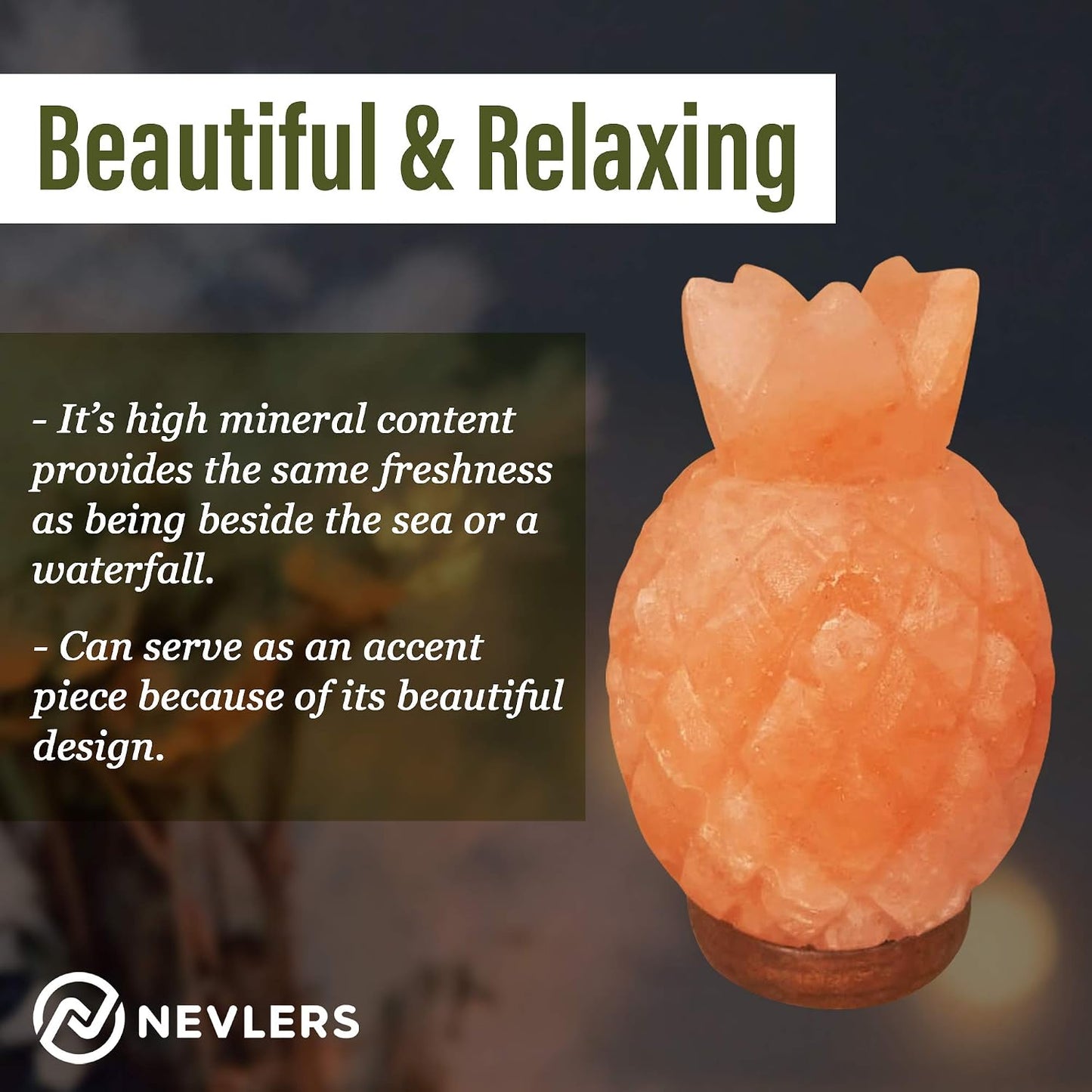 Nevlers Pineapple Shape Pink Himalayan Salt Lamp w/Wood Base for Home Decor | 7-8 lbs & 7"- 8" Tall Himalayan Pink Salt Lamp w/Dimmer Cord & Light Bulb | 100% Salt Rock Lamp | Ambient Salt Crystal Lamp
