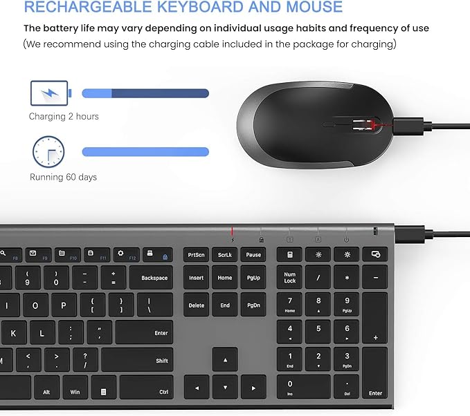 Wireless Keyboard and Mouse, Vssoplor Rechargeable Quiet Full-Size Keyboard and - Image 2